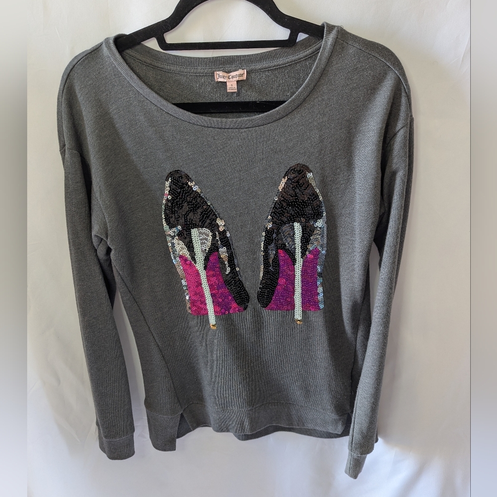 Juicy Couture Gray Sweatshirt with Sequin High Heel Design Small